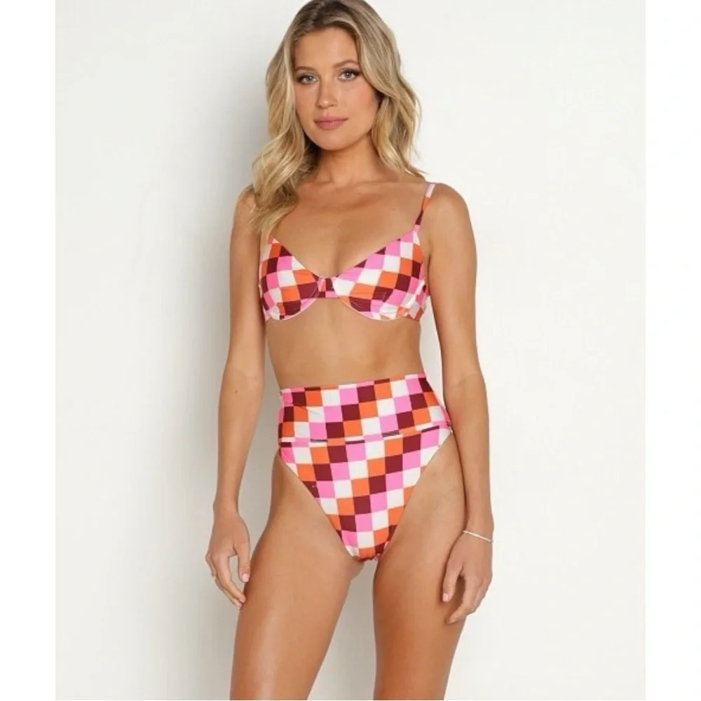 Beach Riot Camilla Blue Green & White Check Plaid Bikini Swimsuit Swim Top sz L - Picture 7 of 10